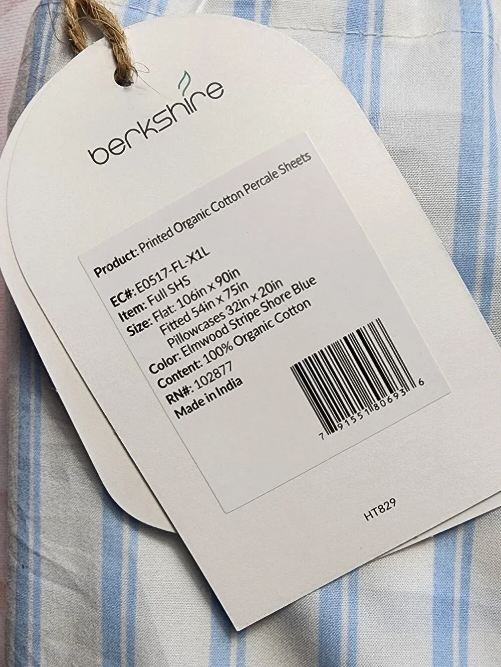 Berkshire 100% Organic Cotton Striped Percale Sheet Set - Blue/White Full